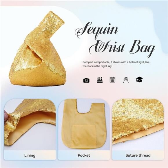 Golden Sequin Bag Wrist Handbag Glitter Clutch Purse for fashion Lovers